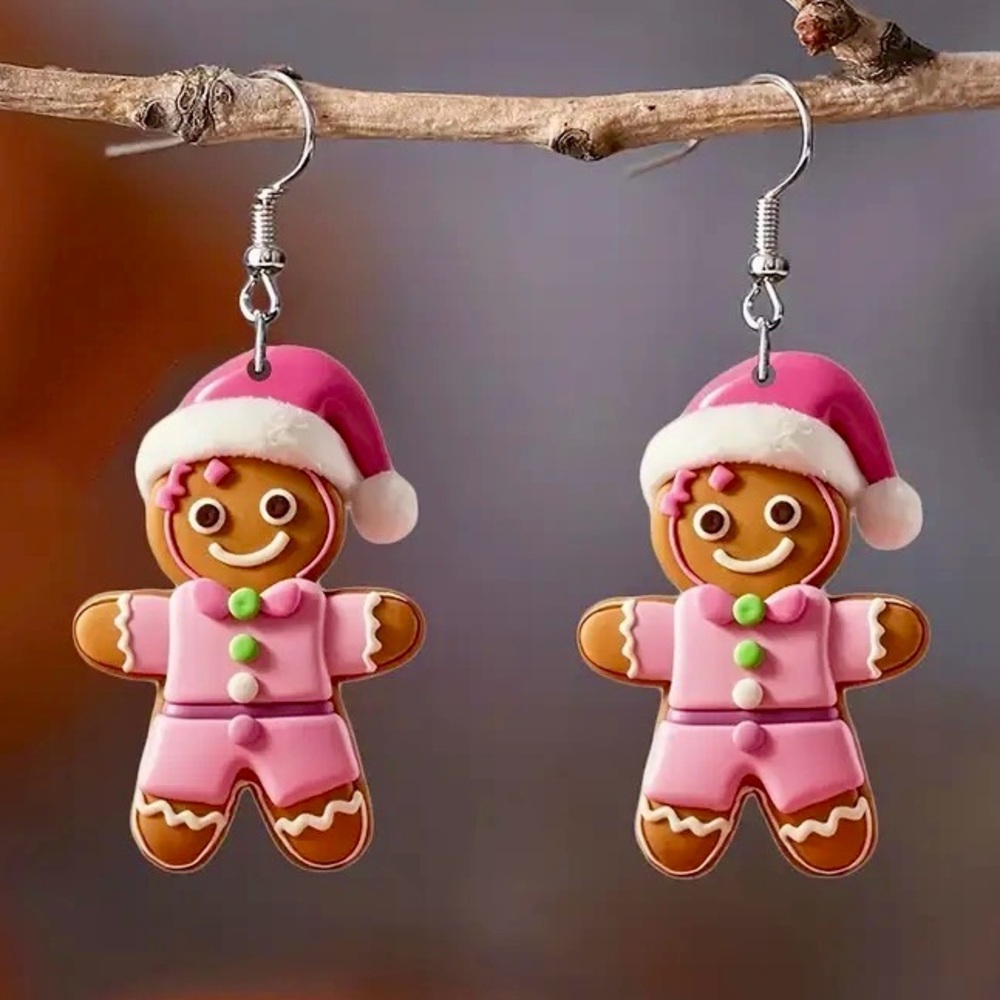 Pink Gingerbread Man Christmas Earrings Cute Women Holiday Jewelry